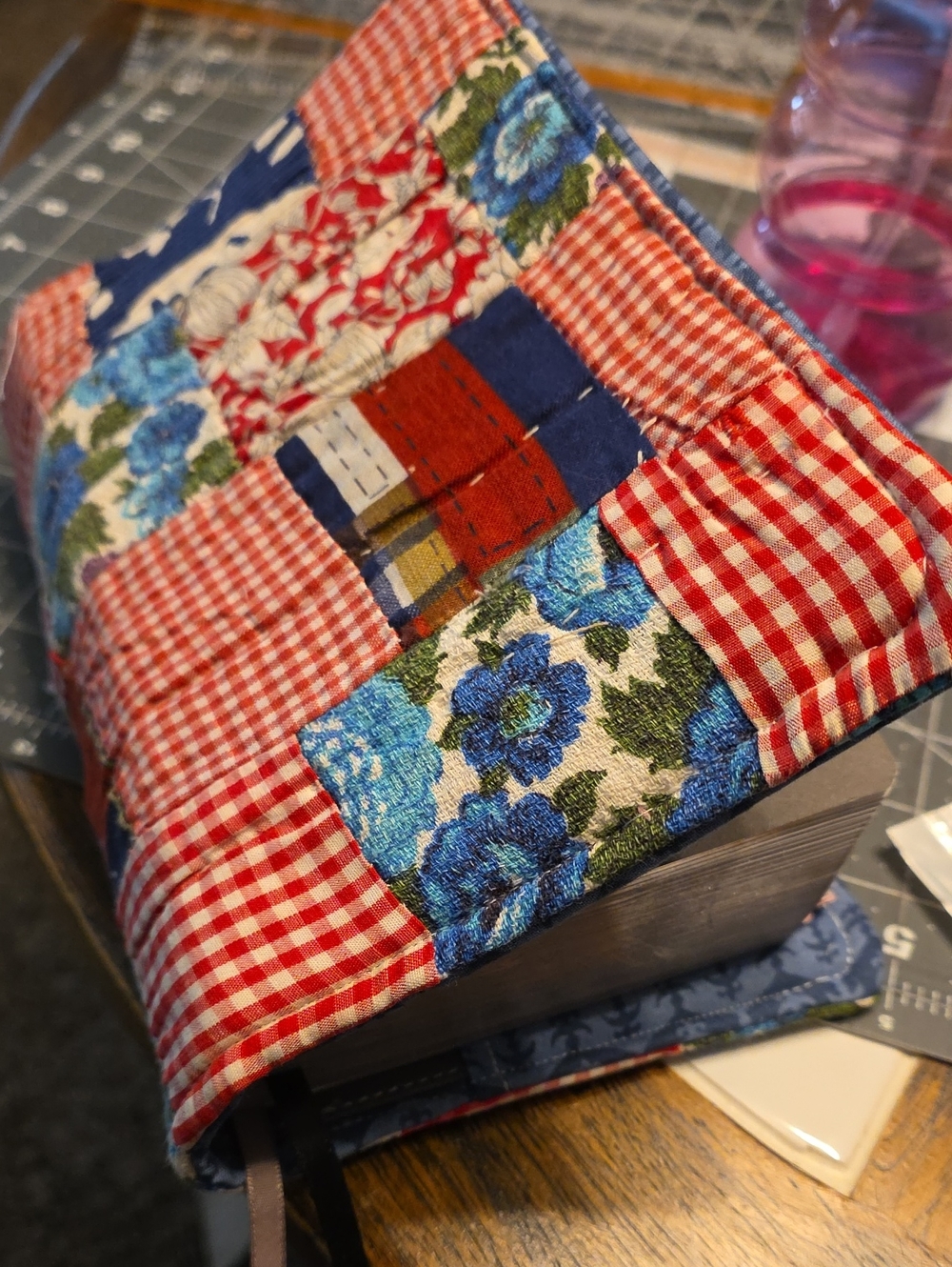 Quilted Patchwork Bible/Book Cover Cover in Red, Blue and White. 7 1/2 X 5
